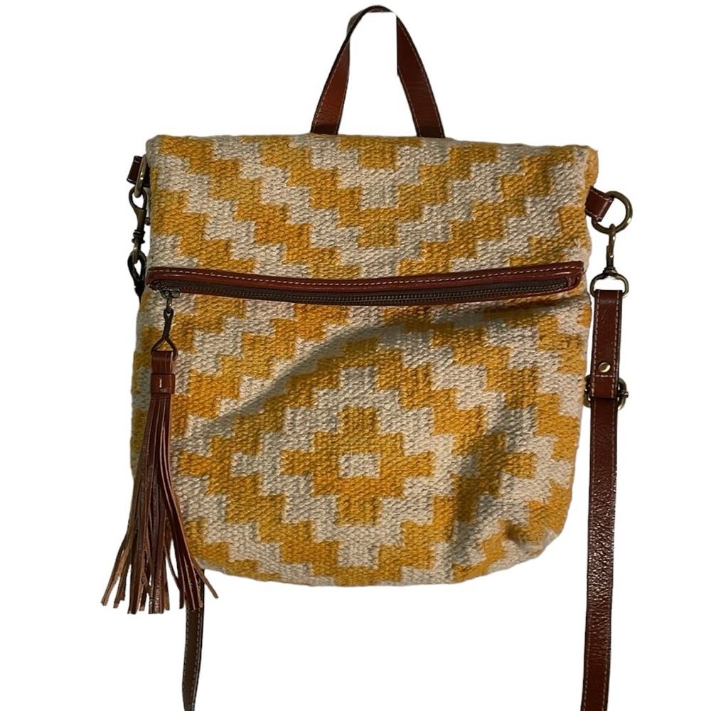 Patricia Nash 10th anniversary yellow/white woven purse with brown leather stp